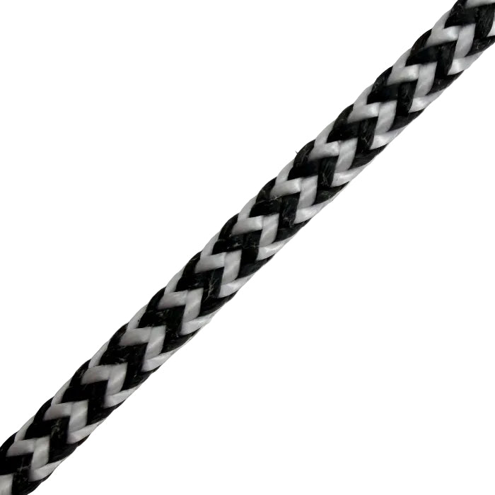 Close-up of a braided black and white cord on a light gray background