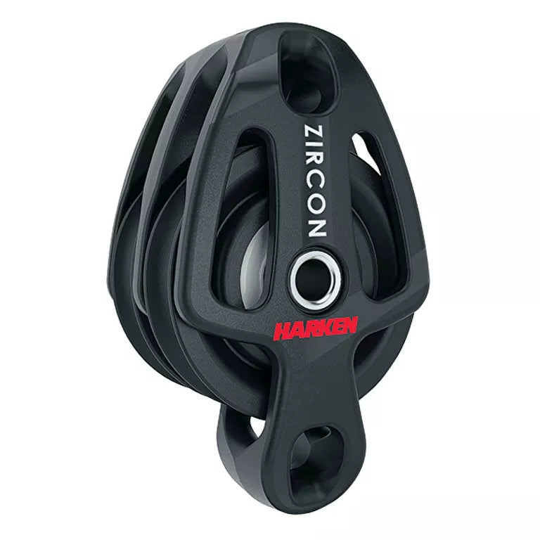 A black Zircon double becket block with the Harken logo, designed for sailing vessels.