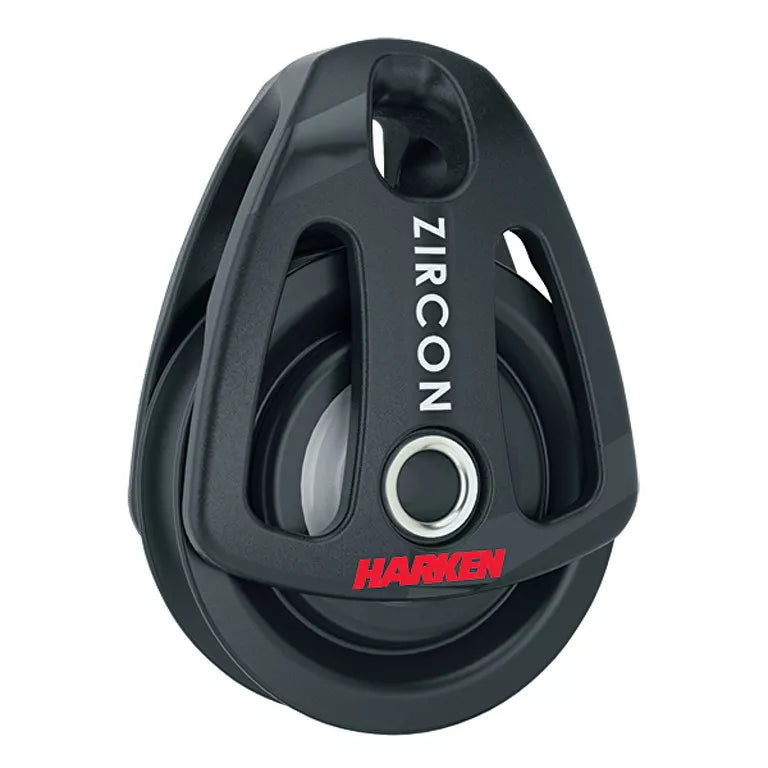 A black Harken Zircon single block with ceramic bearings designed for sailboat use.