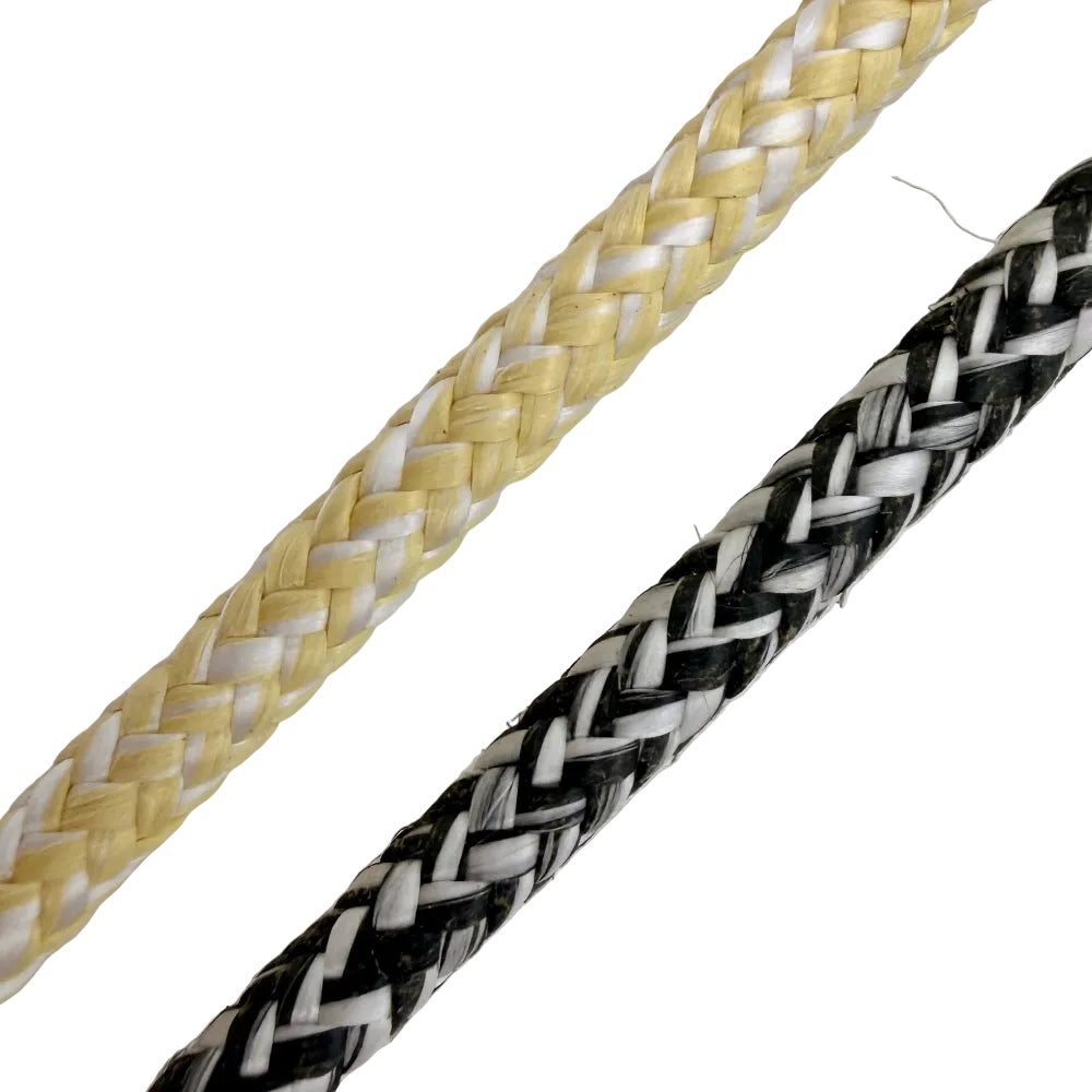 Two braided cables, one beige and white, the other black and white, on a light gray background.