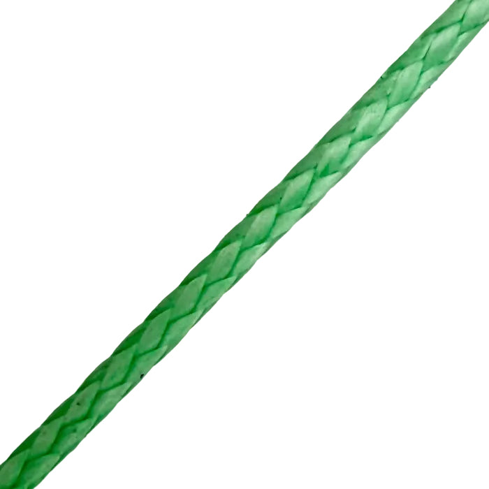 Close-up of a green braided cable on a light gray background