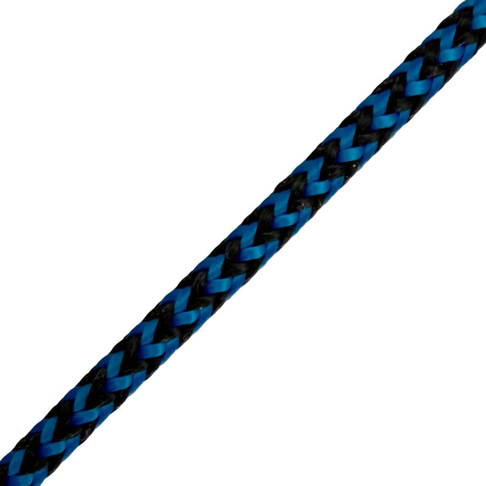 Braided blue and black rope on a gray background