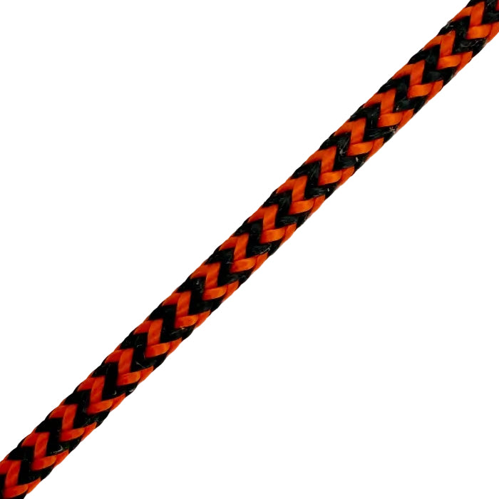 Braided orange and black rope on a gray background