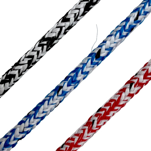 Three braided ropes in black, blue, and red on a light gray background