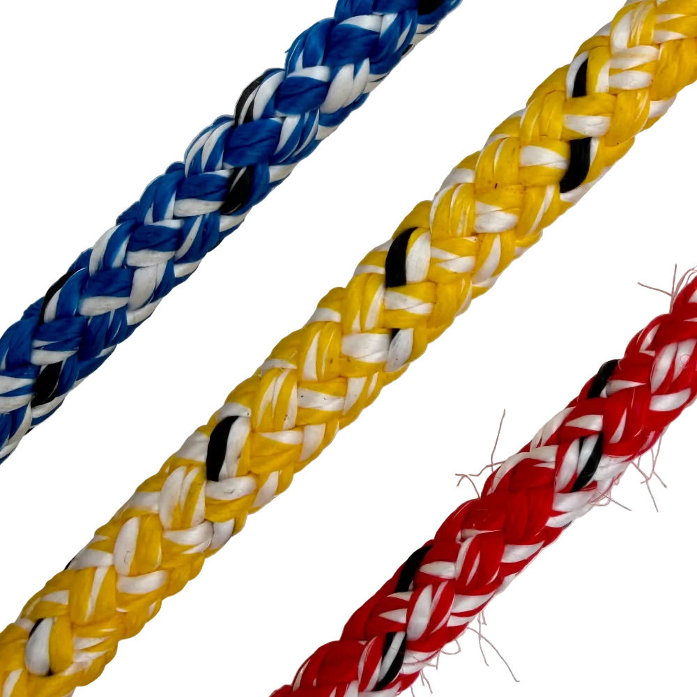 Three braided ropes in blue, yellow, and red on a light gray background