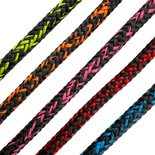 Five braided ropes in different colors on a light gray background