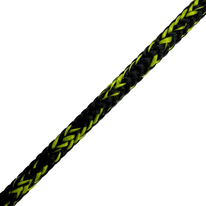 Close-up of a braided black and green rope on a light gray background