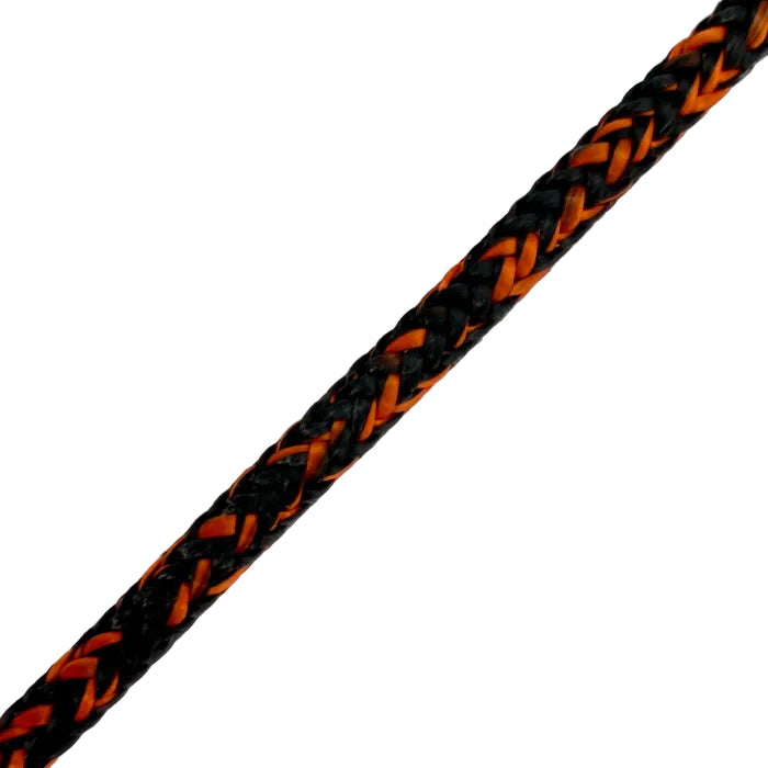 Close-up of black and orange braided rope on a light gray background