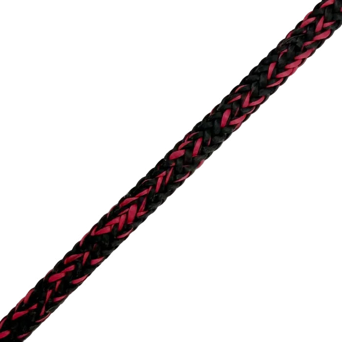 Close-up of black and red braided rope on a light gray background