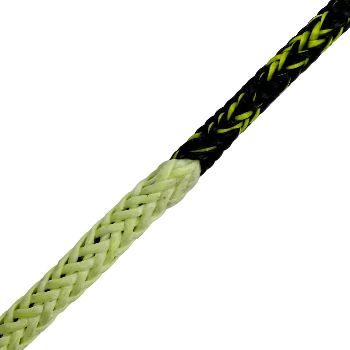 Close-up of a braided green and black rope on a gray background