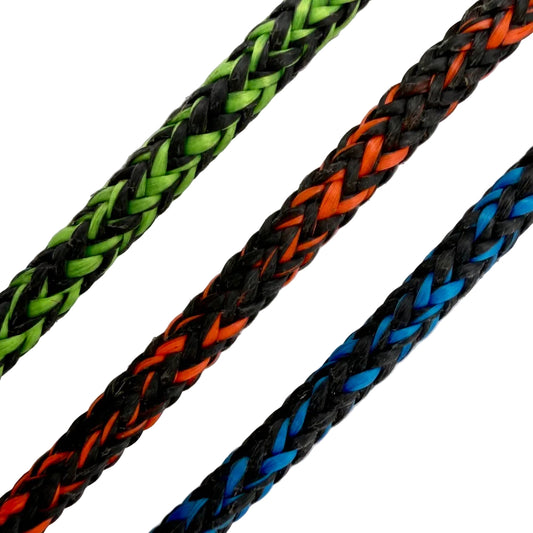 Three braided ropes in green, orange, and blue on a gray background