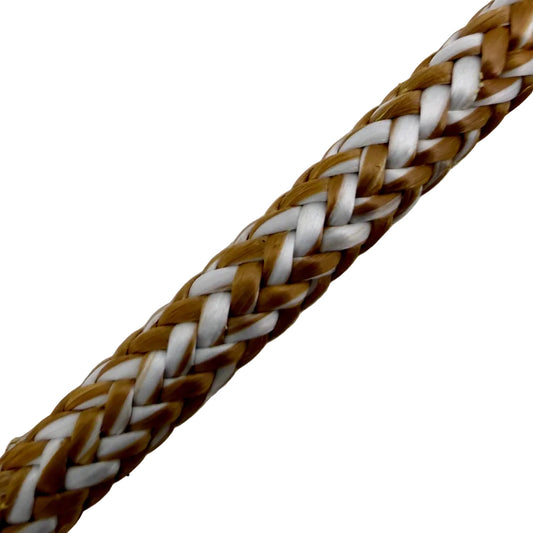 Close-up of braided brown and white cord on a light gray background