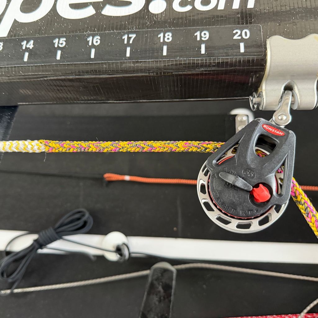 16ft Skiff Mainsheet shower installed on boat.